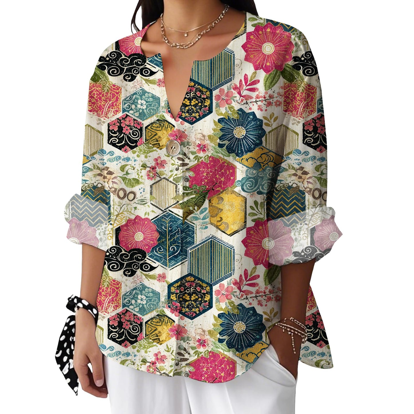 Reigee Hawaiian Shirts for Women 3/4 Sleeve Linen Shirts Floral Print Button V Neck Casual Loose Summer Graphic Tops Blouse