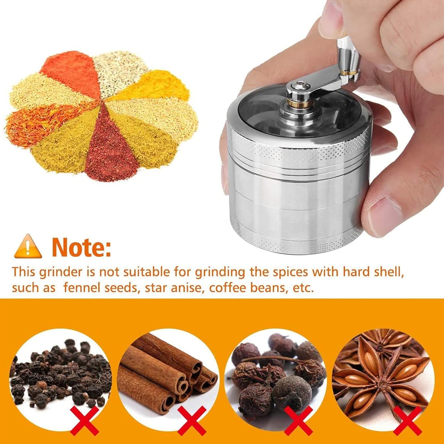 Kribee Grinder Crusher, 4-Layer Pollen Scraper Grinder with Hand Crank, Zinc Alloy Shredder for Dried Spices, Herbs, Ø55mm Mini-Scraper Clear Top Abrader Spices Grind Manual Muller (Silver)