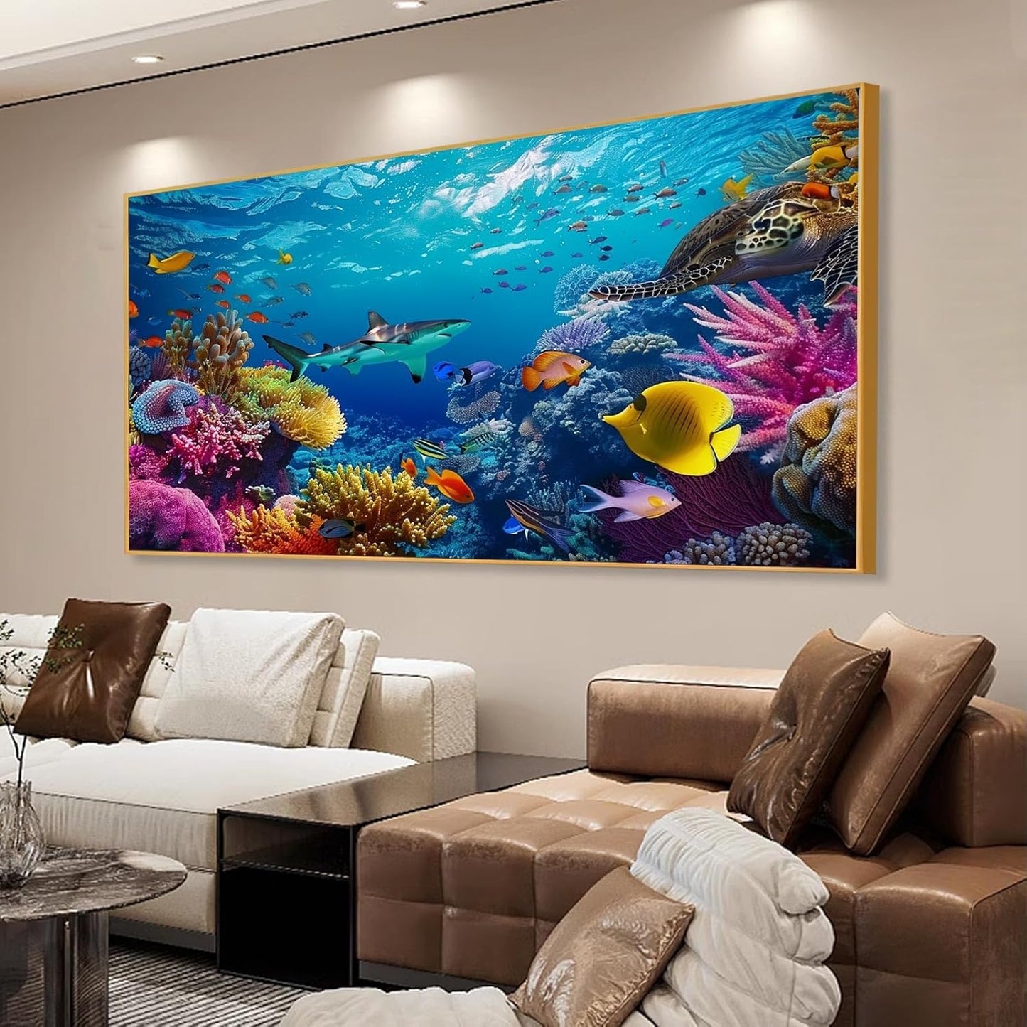 JiffPom Underwater Canvas Wall Art - Sea Life Pictures, Ocean Fish, Tropical Theme - Black Metal Frame, 59"x33" (150x84cm) - Living Room Wall Decor