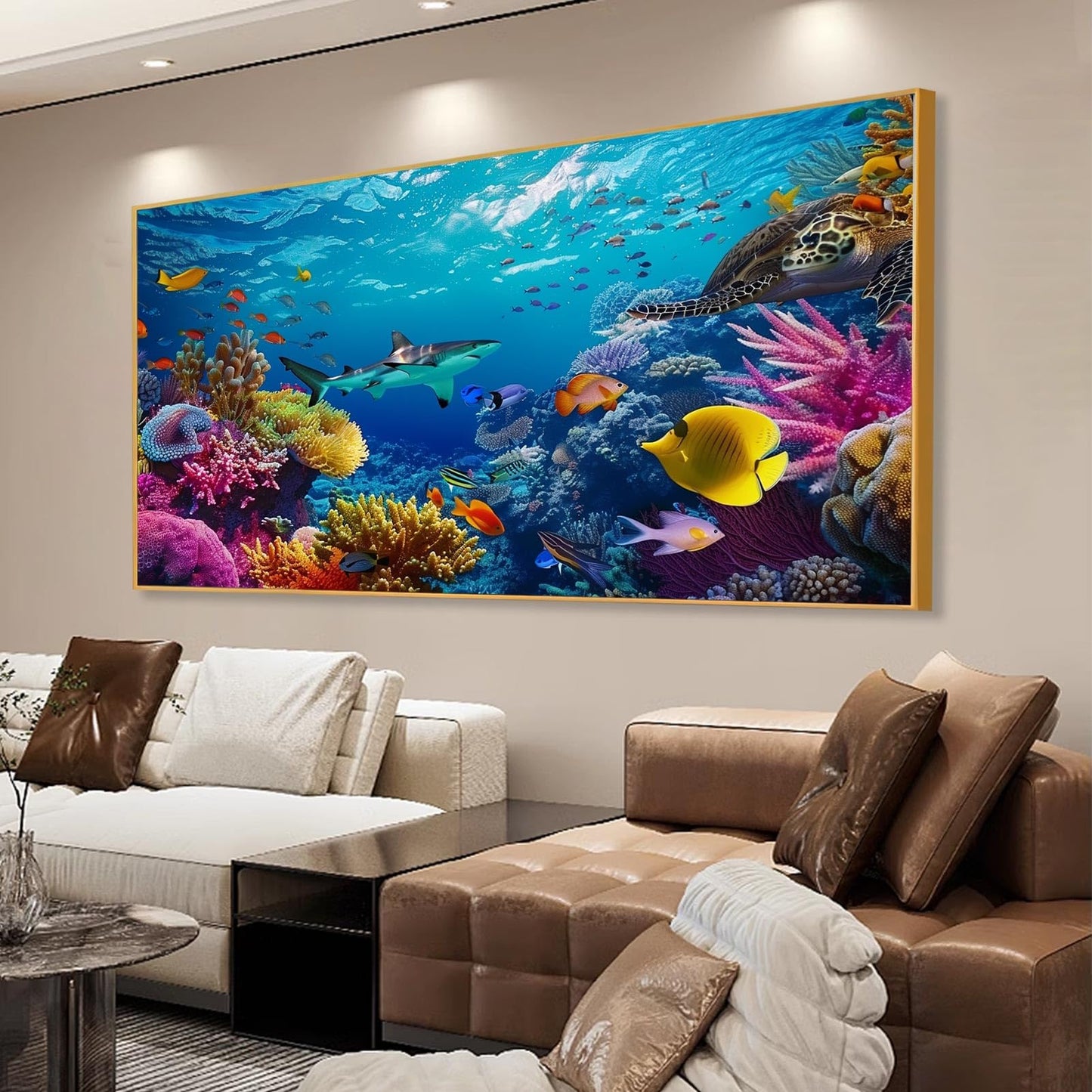 JiffPom Underwater Canvas Wall Art - Sea Life Pictures, Ocean Fish, Tropical Theme - Black Metal Frame, 59"x33" (150x84cm) - Living Room Wall Decor