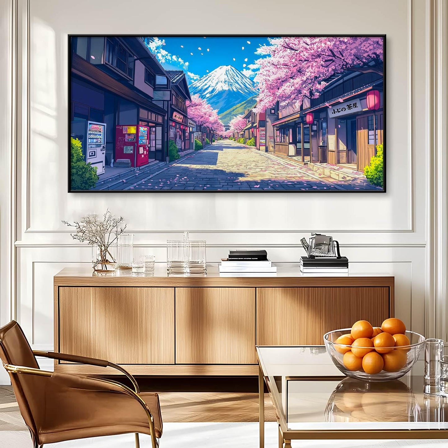 JiffPom Japan Manga Street Canvas Wall Art, Cherry Blossom Anime Canvas Print, Mount Fuji Wall Art, Pink Cherry Tree Decor, Japanese Landscape Poster, Home Decor, Manga Gifts (Black Framed, 31"x15" | 80x40cm)