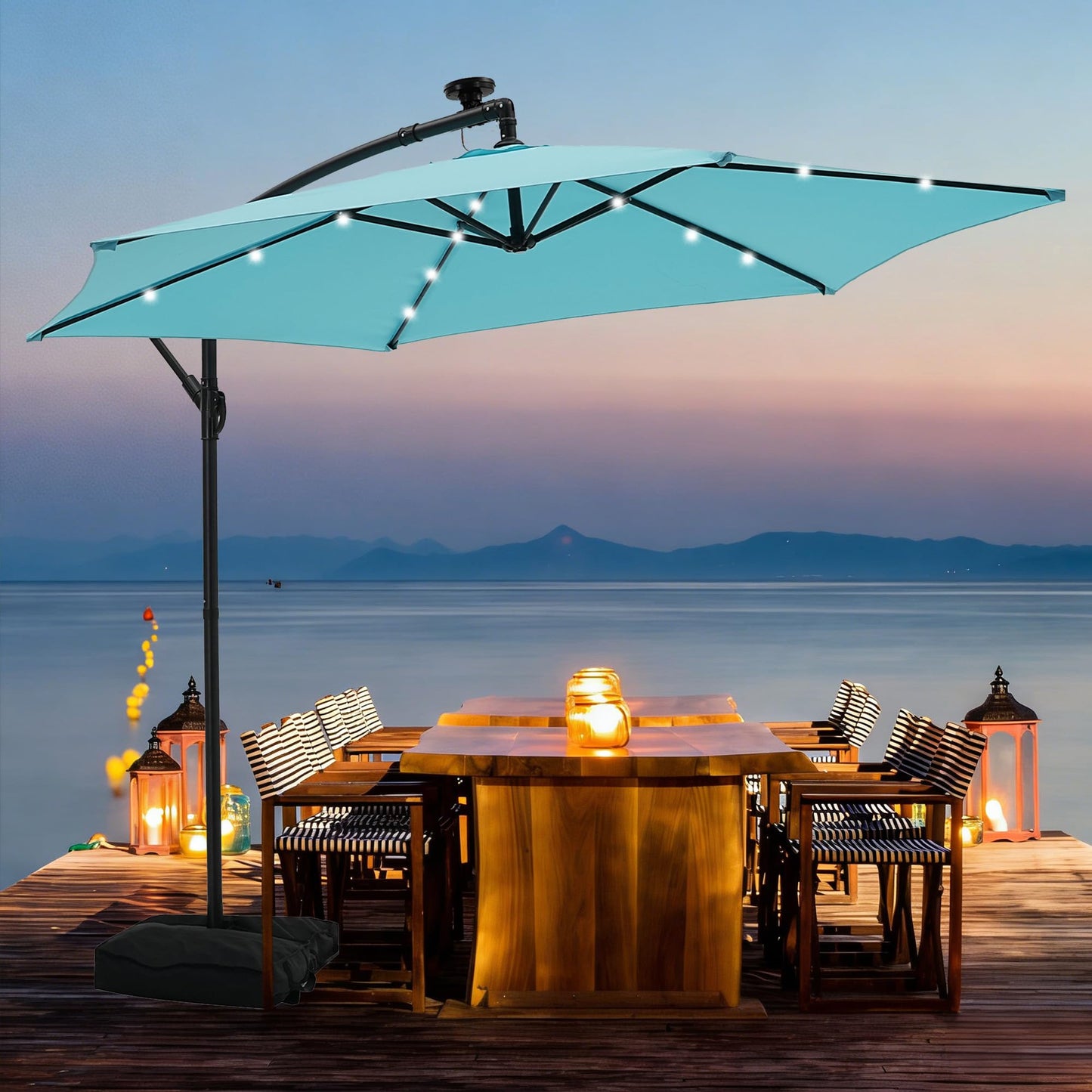 JiffPom 10ft Cantilever Patio Umbrella with Lights, Hanging Offset Market Outdoor Sun Shade for Backyard,Deck,Poolside,Black