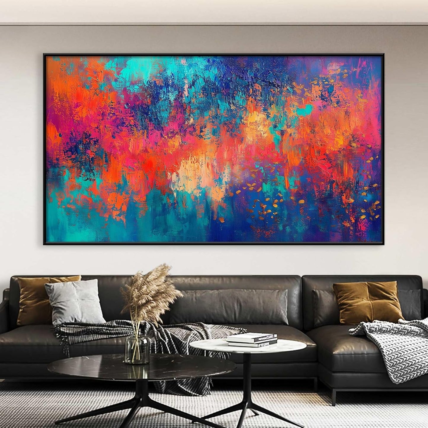 JiffPom Red & Blue Abstract Canvas Wall Art - Colorful Modern Painting, Living Room Decor (Black Framed, 59"x33"|150x84cm)