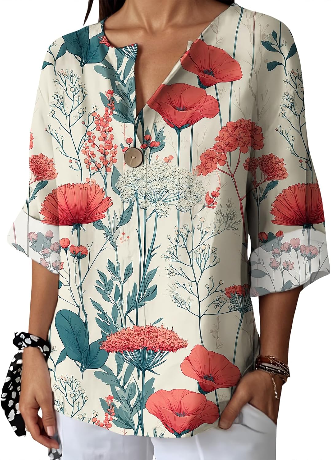 Befox Womens Spring Tops Business Vintage 3/4 Sleeve Boho Button Tunic Linen Blend Floral Printed V-Neck Summer T Shirts