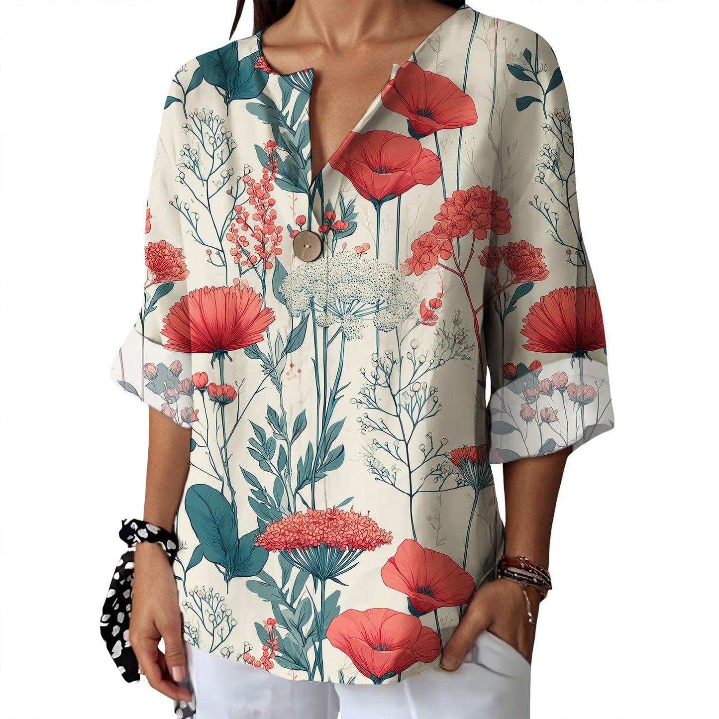 Befox Womens Spring Tops Business Vintage 3/4 Sleeve Boho Button Tunic Linen Blend Floral Printed V-Neck Summer T Shirts