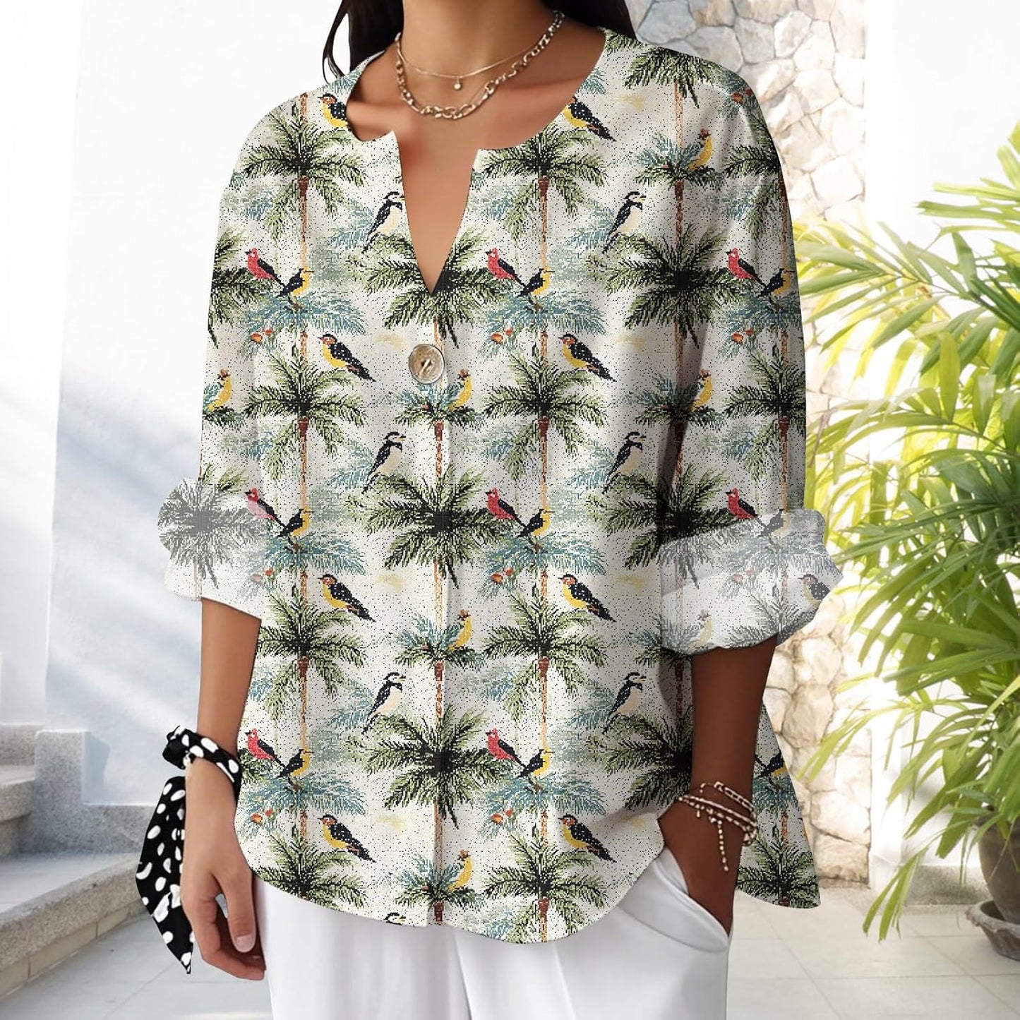 Reigee Hawaiian Shirts for Women 3/4 Sleeve Linen Shirts Floral Print Button V Neck Casual Loose Summer Graphic Tops Blouse