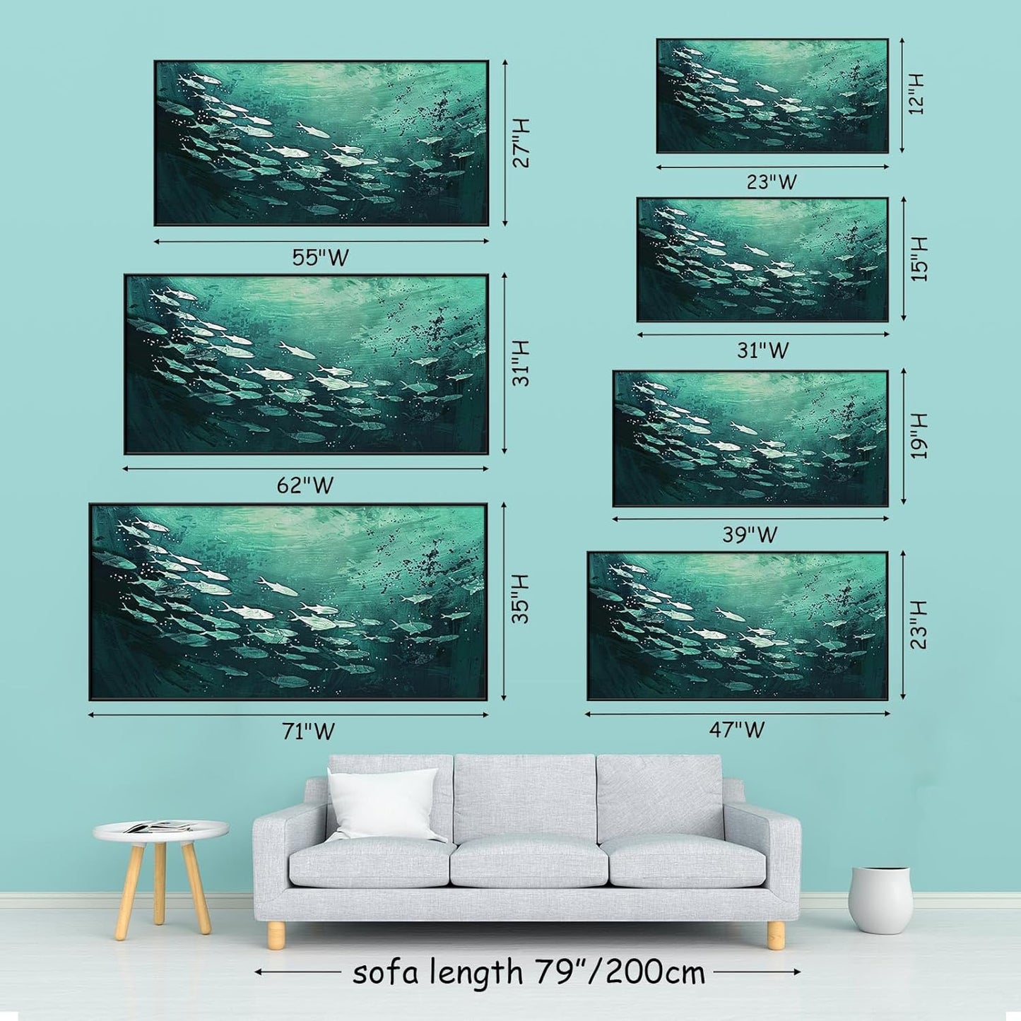 JiffPom Fish Abstract Canvas Wall Art, School of Fish Wall Decor, Emerald Green Canvas Wall Art, Ocean Canvas Wall Art, Silver Fish Wall Decor, Framed Wall Art for Living Room, Bedroom Wall Art (Black Metal Frame, 39"x19" | 100x50cm)