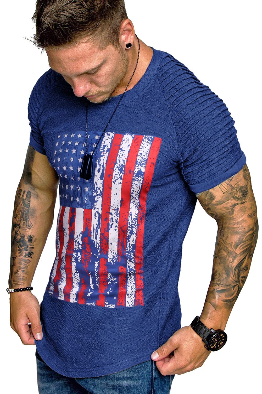 TOFOX Men's Muscle T-Shirt Pleated Raglan Sleeve Bodybuilding Gym Tee Short Sleeve Fashion Workout Shirts Hipster Shirt
