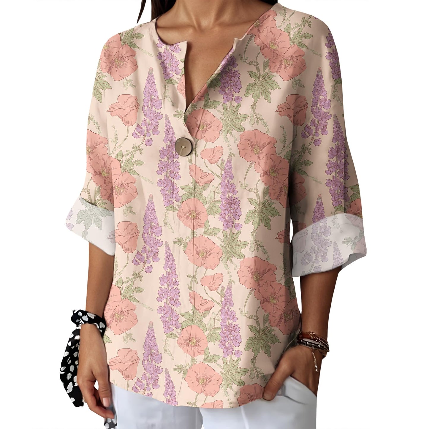 Befox Womens Spring Tops Business Vintage 3/4 Sleeve Boho Button Tunic Linen Blend Floral Printed V-Neck Summer T Shirts