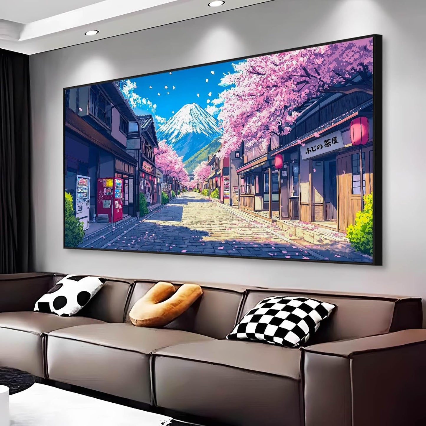 JiffPom Japan Manga Street Canvas Wall Art, Cherry Blossom Anime Canvas Print, Mount Fuji Wall Art, Pink Cherry Tree Decor, Japanese Landscape Poster, Home Decor, Manga Gifts (Black Framed, 31"x15" | 80x40cm)