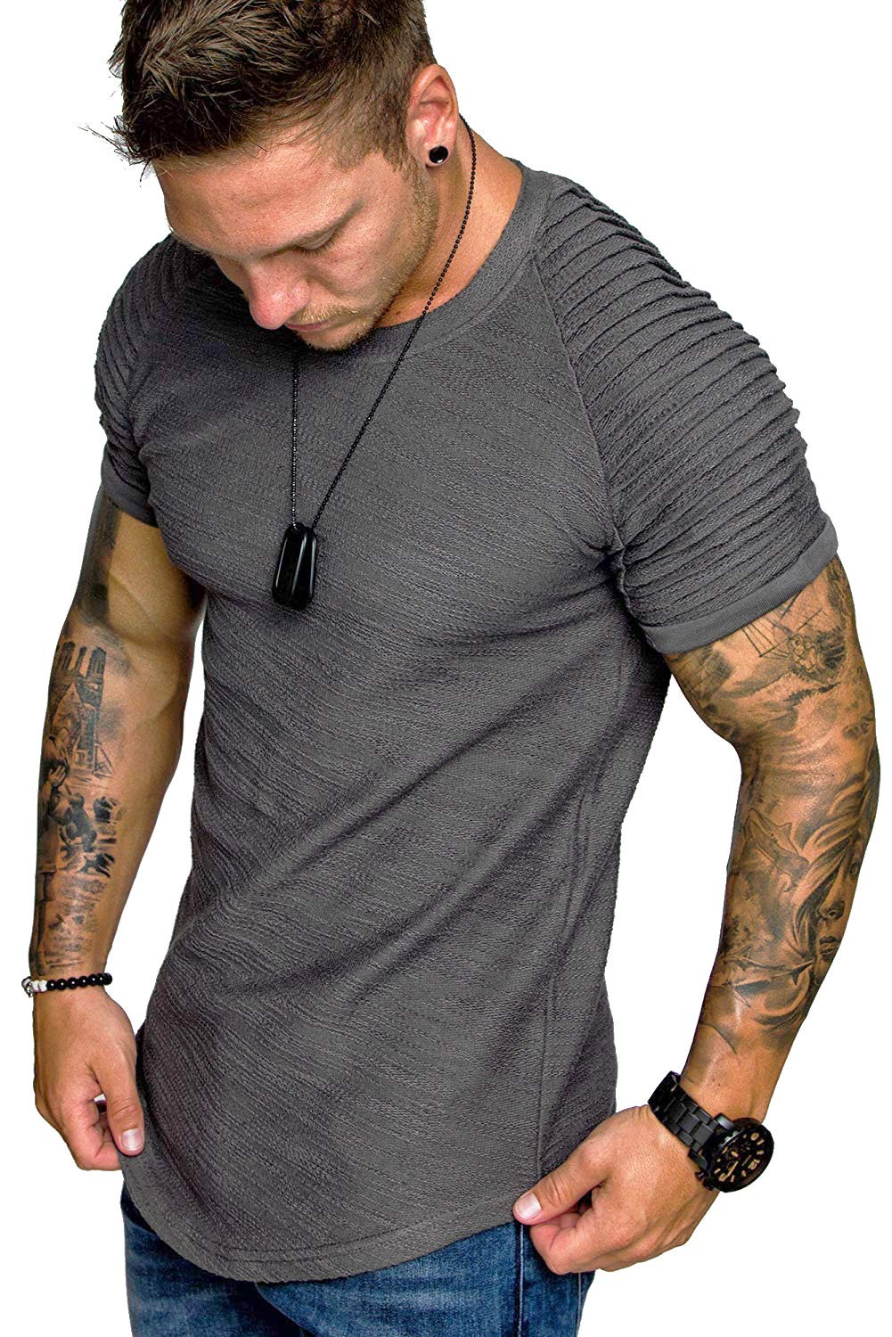 TOFOX Men's Muscle T-Shirt Pleated Raglan Sleeve Bodybuilding Gym Tee Short Sleeve Fashion Workout Shirts Hipster Shirt