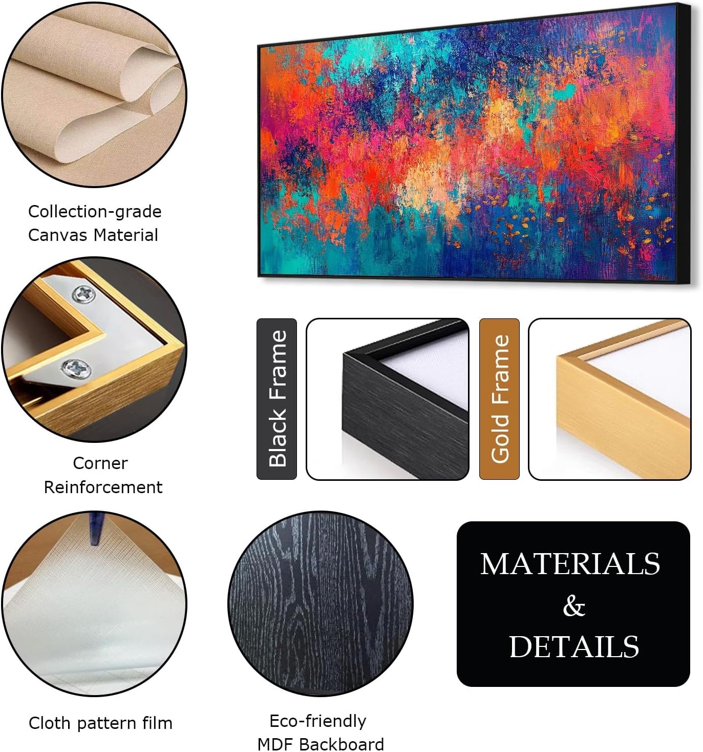 JiffPom Red & Blue Abstract Canvas Wall Art - Colorful Modern Painting, Living Room Decor (Black Framed, 59"x33"|150x84cm)