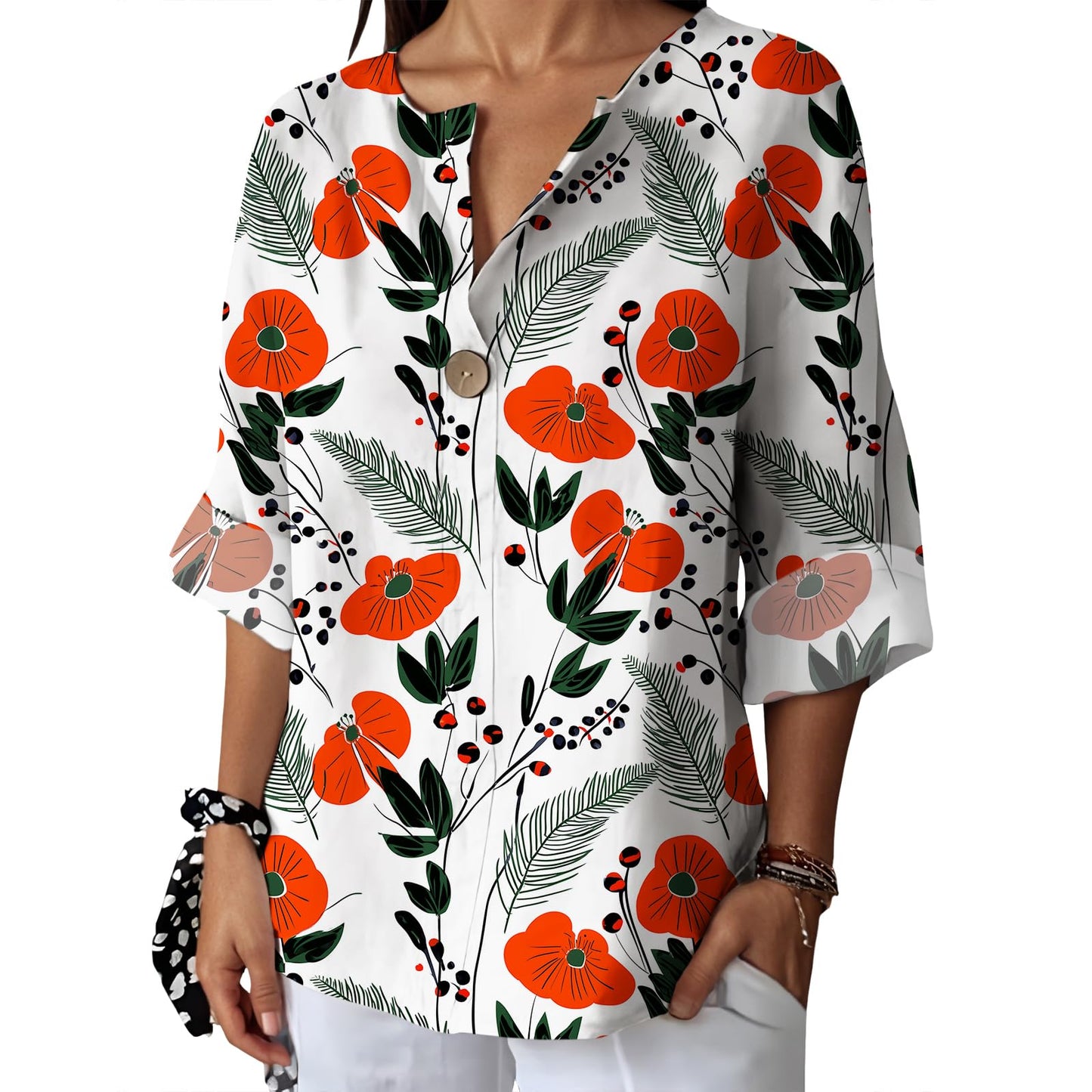 Befox Womens Spring Tops Business Vintage 3/4 Sleeve Boho Button Tunic Linen Blend Floral Printed V-Neck Summer T Shirts