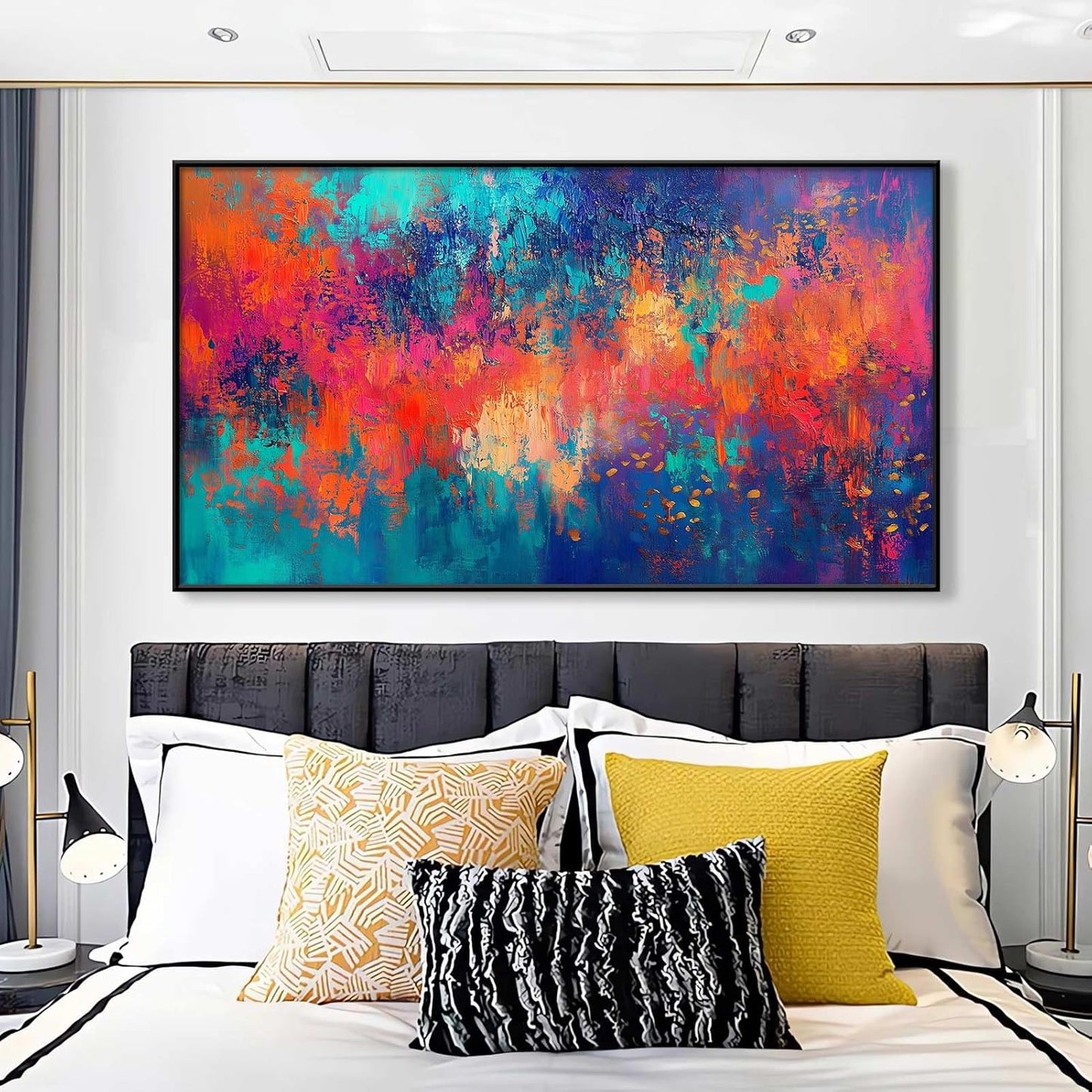 JiffPom Red & Blue Abstract Canvas Wall Art - Colorful Modern Painting, Living Room Decor (Black Framed, 59"x33"|150x84cm)