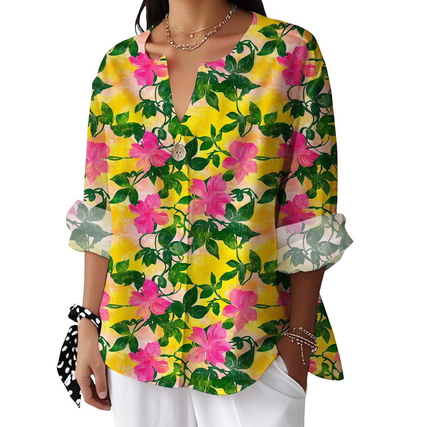 Reigee Hawaiian Shirts for Women 3/4 Sleeve Linen Shirts Floral Print Button V Neck Casual Loose Summer Graphic Tops Blouse