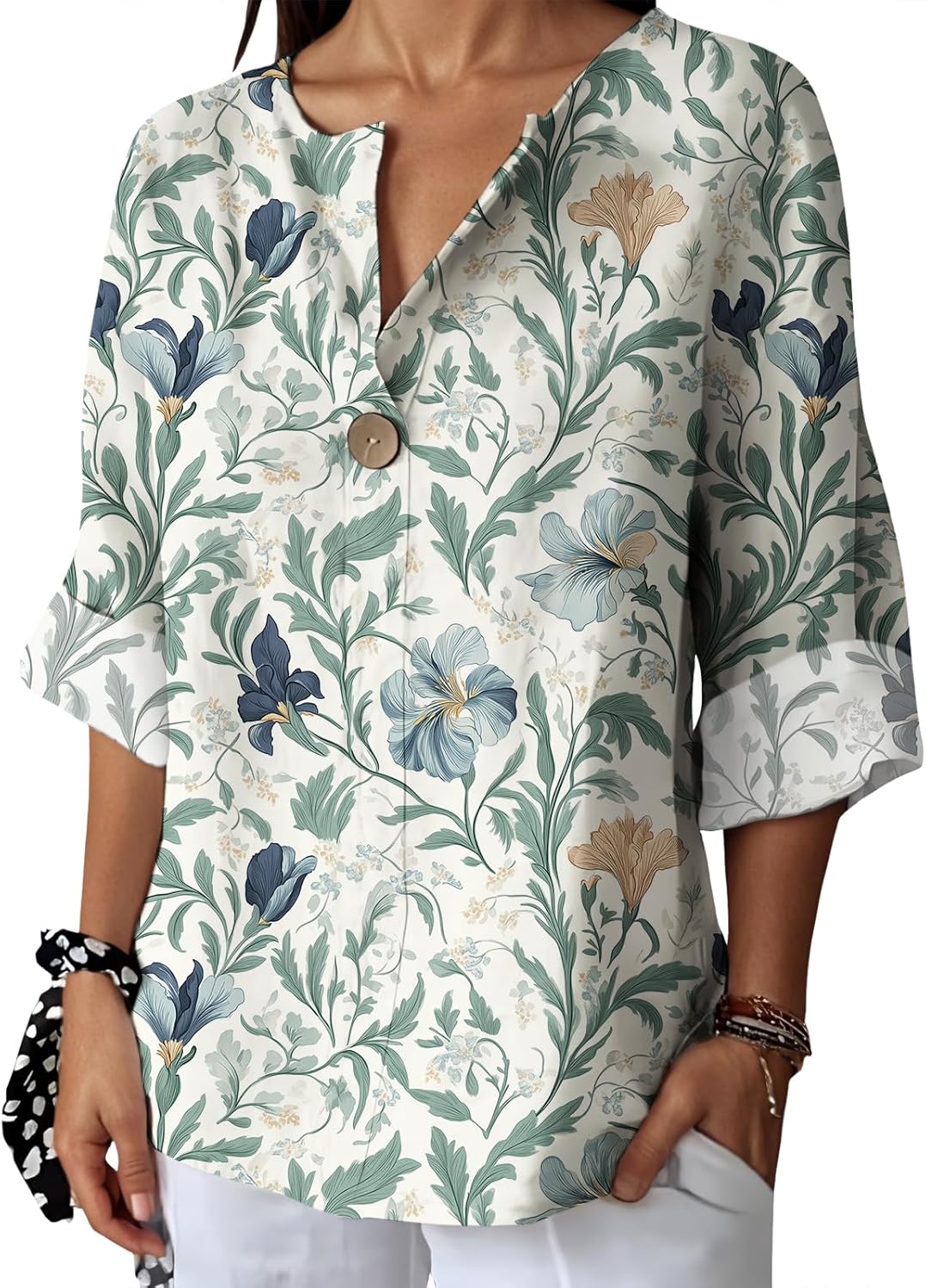 Befox Womens Spring Tops Business Vintage 3/4 Sleeve Boho Button Tunic Linen Blend Floral Printed V-Neck Summer T Shirts