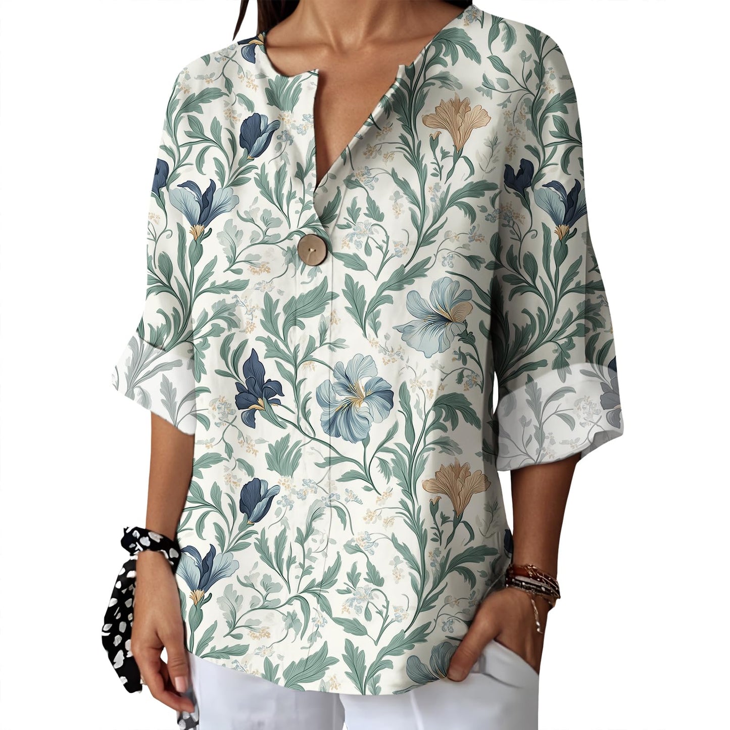 Befox Womens Spring Tops Business Vintage 3/4 Sleeve Boho Button Tunic Linen Blend Floral Printed V-Neck Summer T Shirts