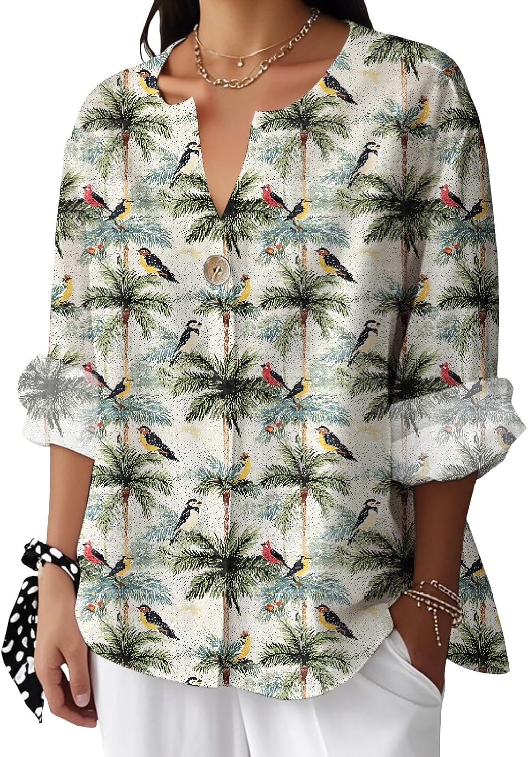 Reigee Hawaiian Shirts for Women 3/4 Sleeve Linen Shirts Floral Print Button V Neck Casual Loose Summer Graphic Tops Blouse