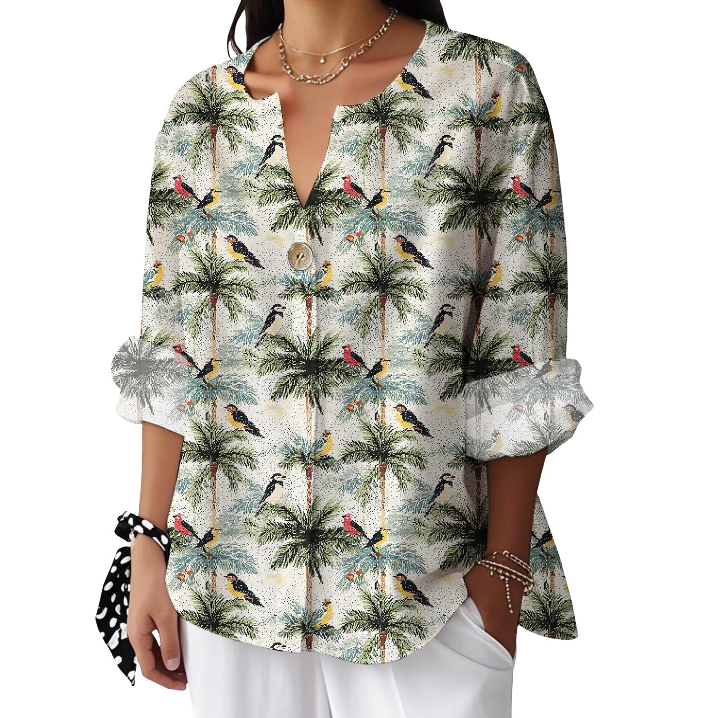 Reigee Hawaiian Shirts for Women 3/4 Sleeve Linen Shirts Floral Print Button V Neck Casual Loose Summer Graphic Tops Blouse