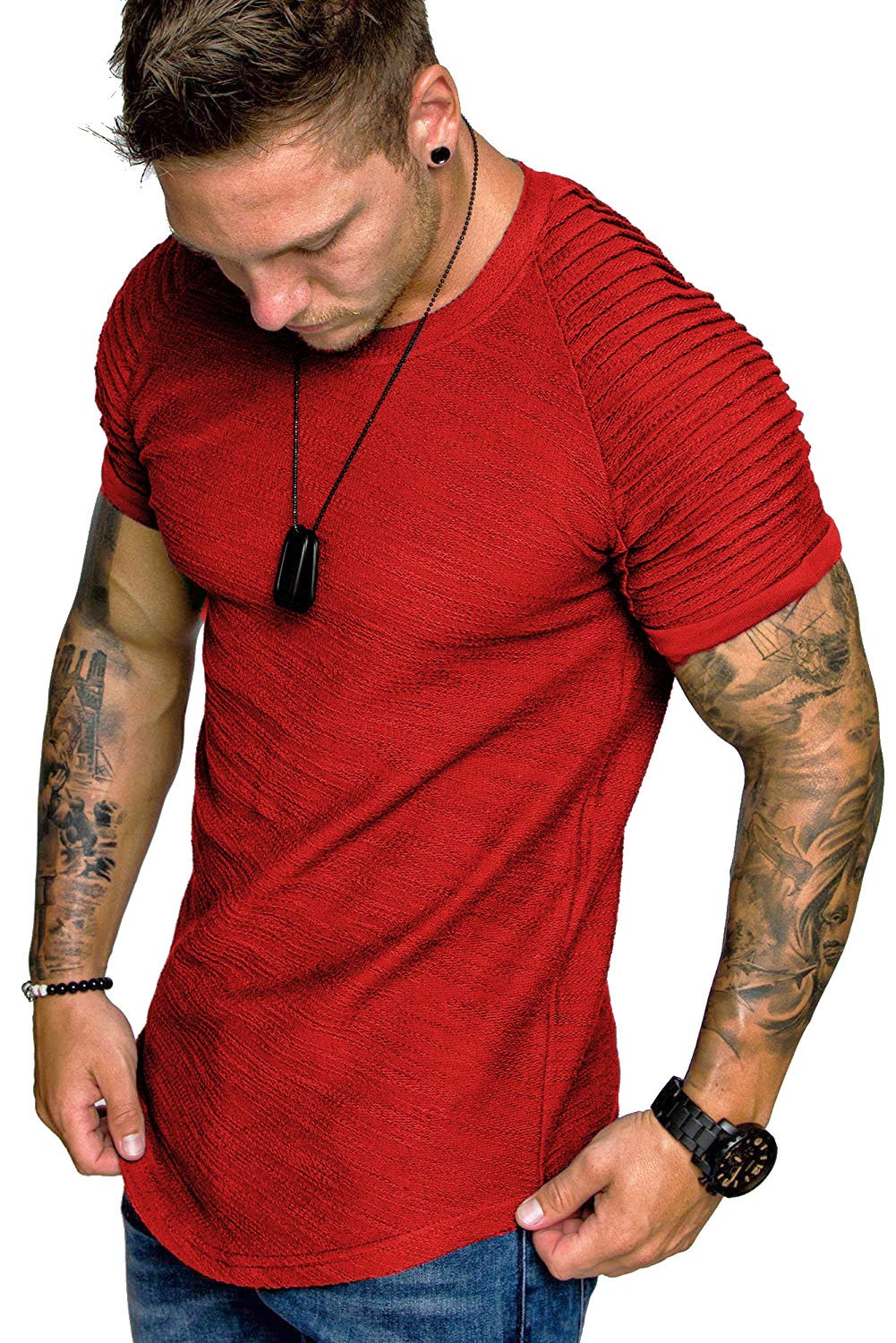 TOFOX Men's Muscle T-Shirt Pleated Raglan Sleeve Bodybuilding Gym Tee Short Sleeve Fashion Workout Shirts Hipster Shirt