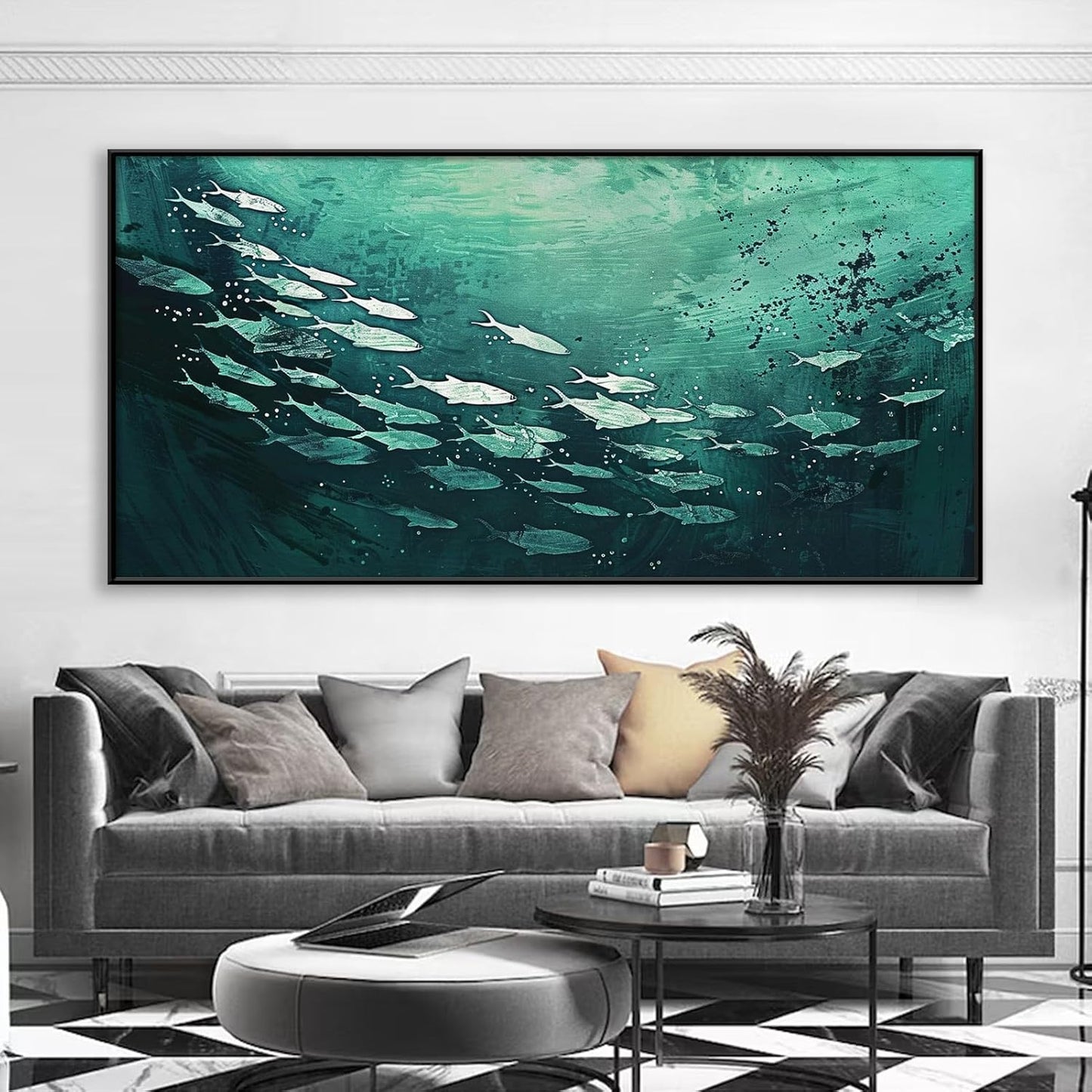 JiffPom Fish Abstract Canvas Wall Art, School of Fish Wall Decor, Emerald Green Canvas Wall Art, Ocean Canvas Wall Art, Silver Fish Wall Decor, Framed Wall Art for Living Room, Bedroom Wall Art (Black Metal Frame, 39"x19" | 100x50cm)