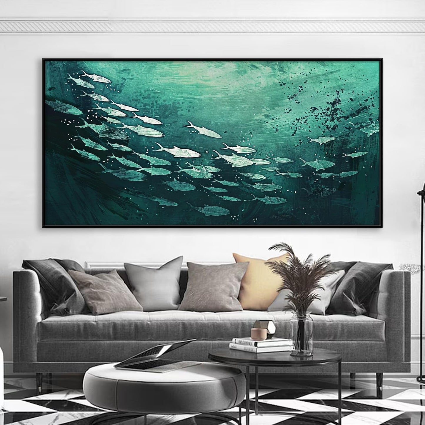 JiffPom Fish Abstract Canvas Wall Art, School of Fish Wall Decor, Emerald Green Canvas Wall Art, Ocean Canvas Wall Art, Silver Fish Wall Decor, Framed Wall Art for Living Room, Bedroom Wall Art (Black Metal Frame, 39"x19" | 100x50cm)