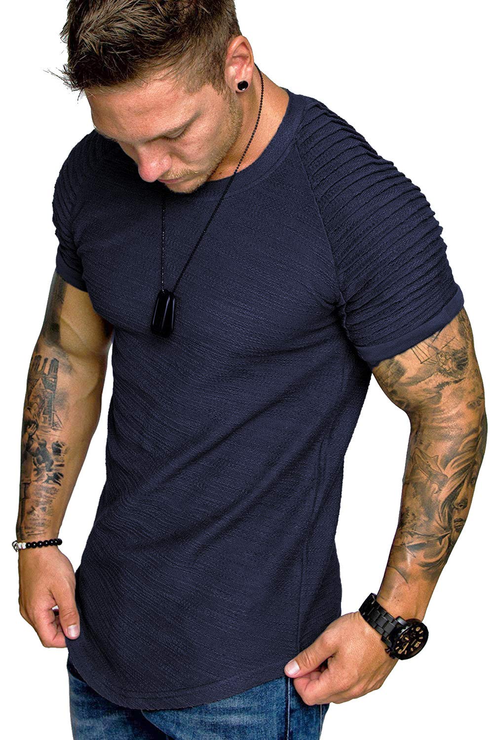 TOFOX Men's Muscle T-Shirt Pleated Raglan Sleeve Bodybuilding Gym Tee Short Sleeve Fashion Workout Shirts Hipster Shirt