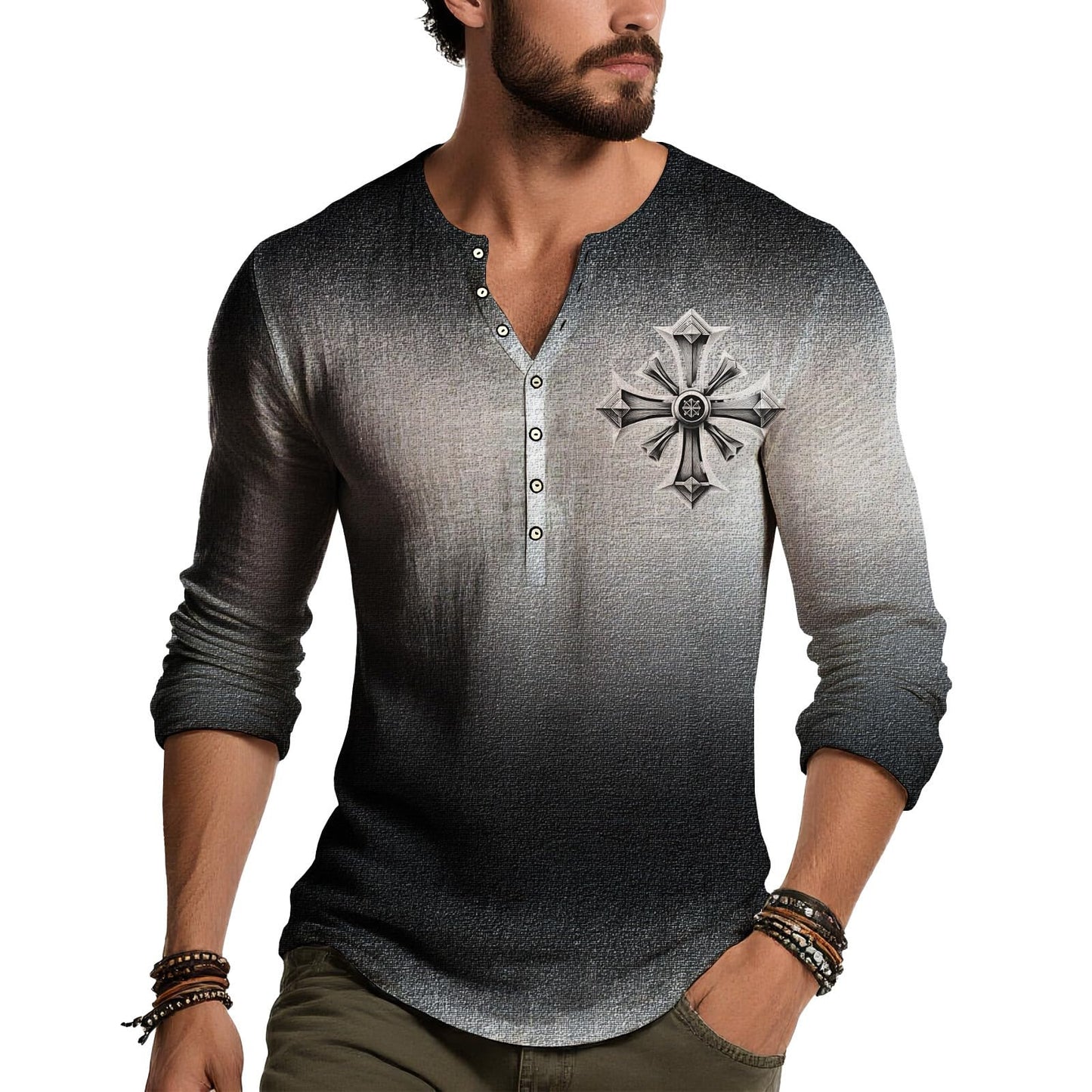 JiffPom Distressed Henley Tshirts for Men Pullover Long Sleeve Button Up T-Shirts Vintage Graphic Tees Washed Streetwear Tops
