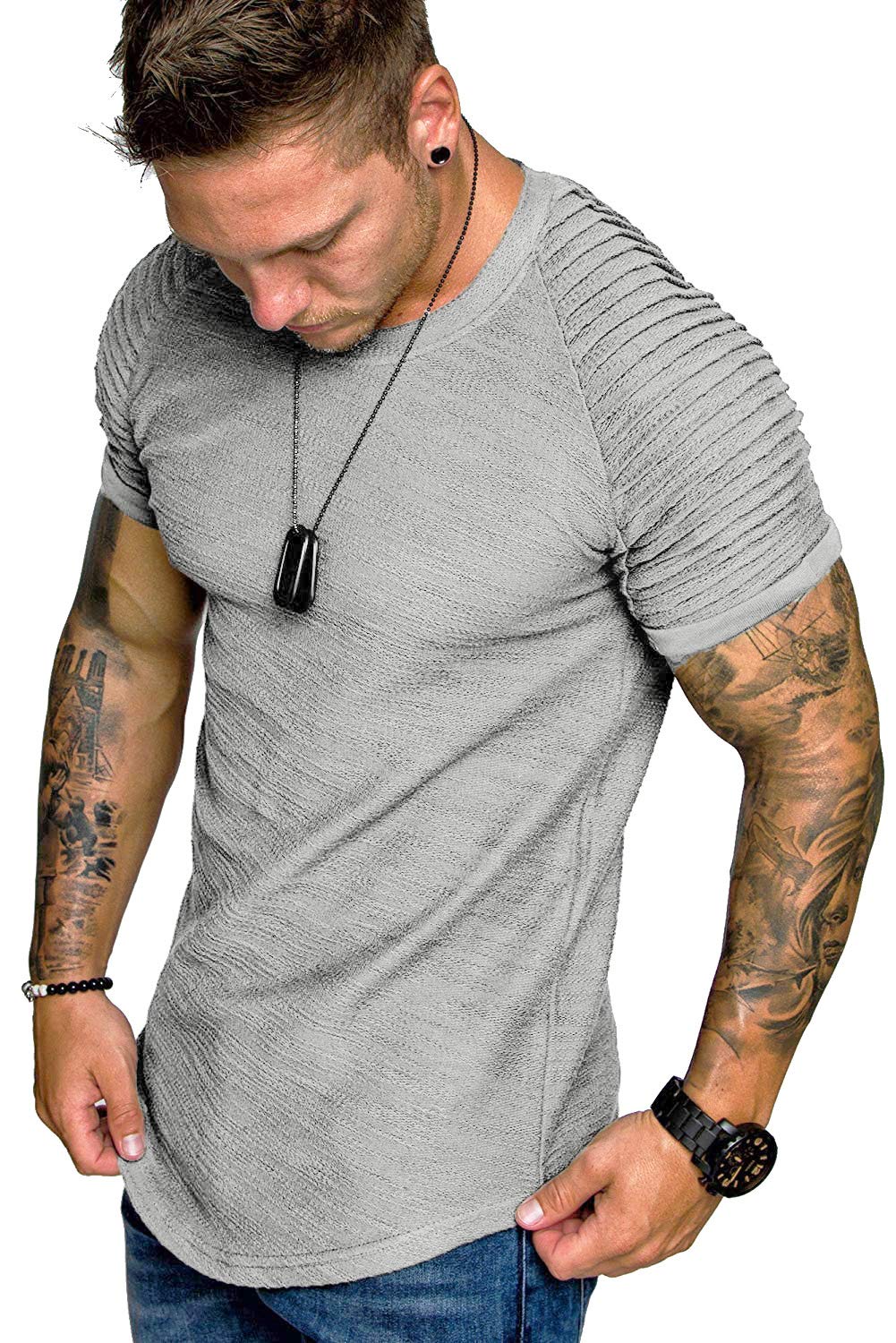 TOFOX Men's Muscle T-Shirt Pleated Raglan Sleeve Bodybuilding Gym Tee Short Sleeve Fashion Workout Shirts Hipster Shirt