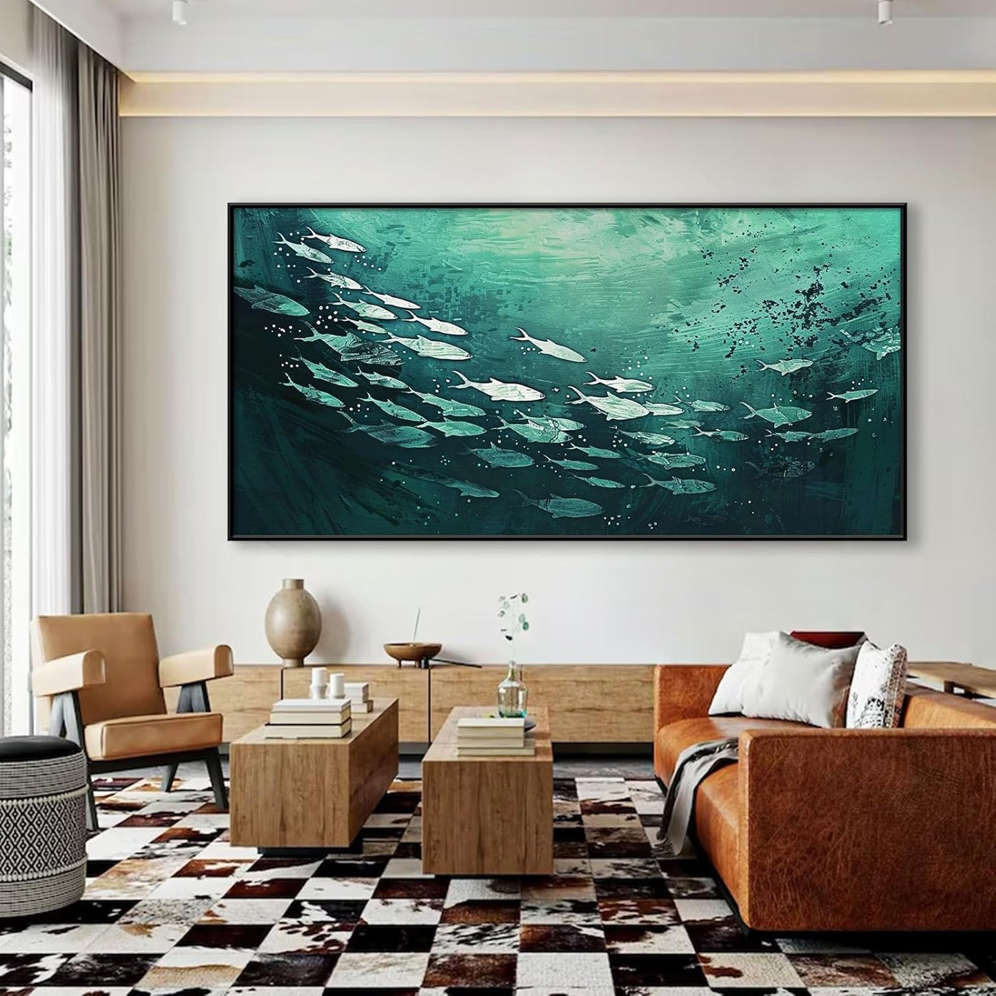 JiffPom Fish Abstract Canvas Wall Art, School of Fish Wall Decor, Emerald Green Canvas Wall Art, Ocean Canvas Wall Art, Silver Fish Wall Decor, Framed Wall Art for Living Room, Bedroom Wall Art (Black Metal Frame, 39"x19" | 100x50cm)