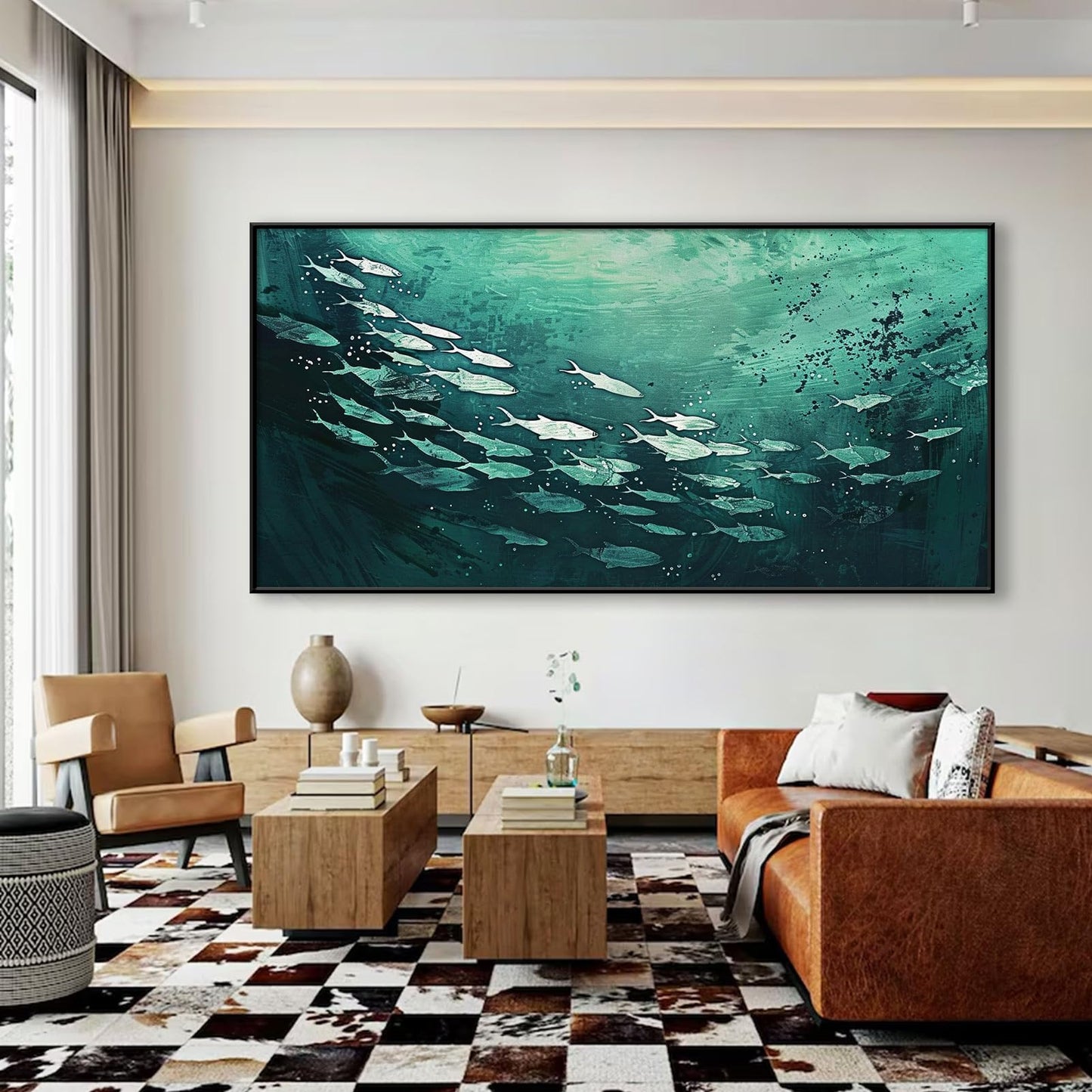 JiffPom Fish Abstract Canvas Wall Art, School of Fish Wall Decor, Emerald Green Canvas Wall Art, Ocean Canvas Wall Art, Silver Fish Wall Decor, Framed Wall Art for Living Room, Bedroom Wall Art (Black Metal Frame, 39"x19" | 100x50cm)
