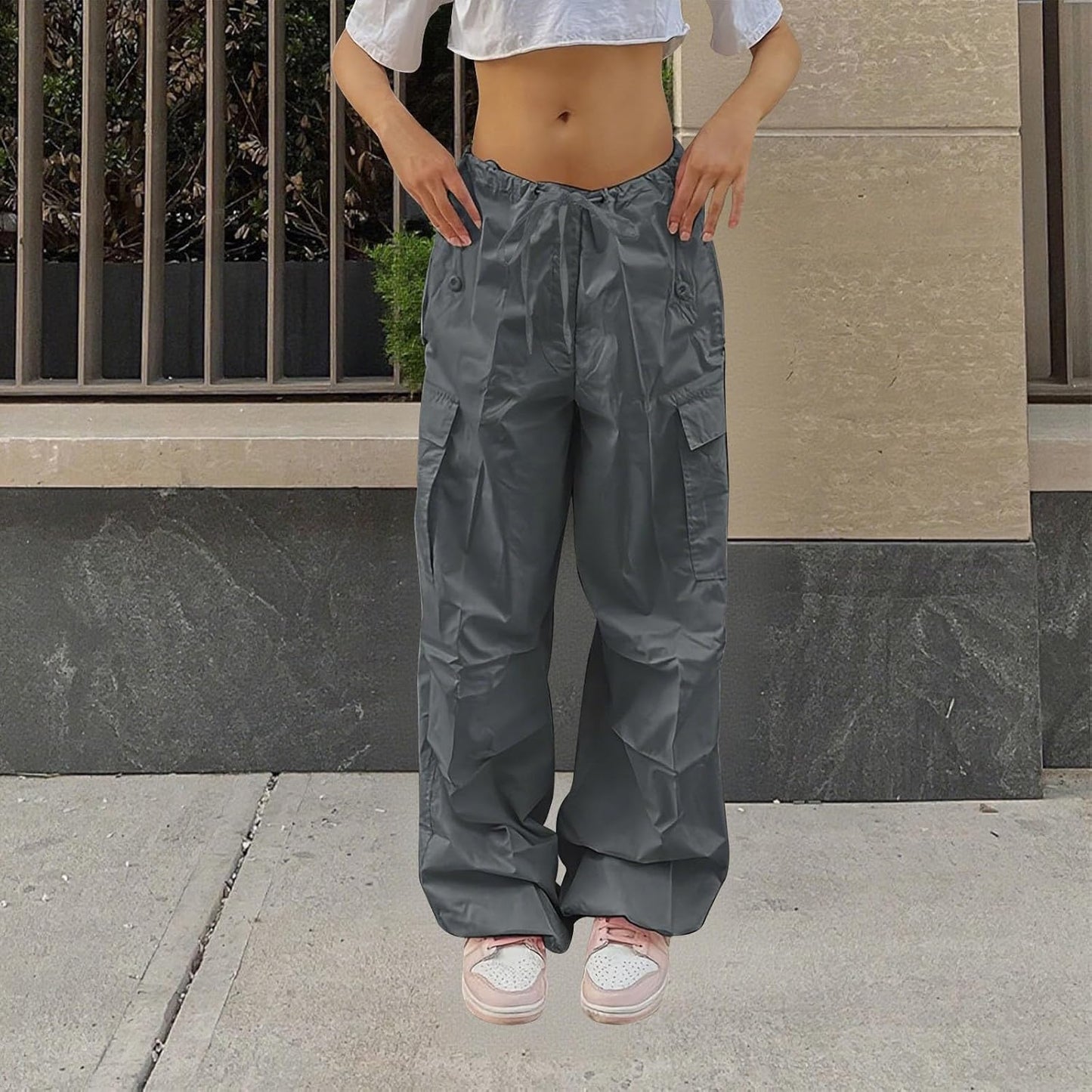 Reigee Women's Parachute Pants,Low Rised Baggy Cargo Pants with Drawstring for Women Y2K Streetwear Wide Leg Trousers