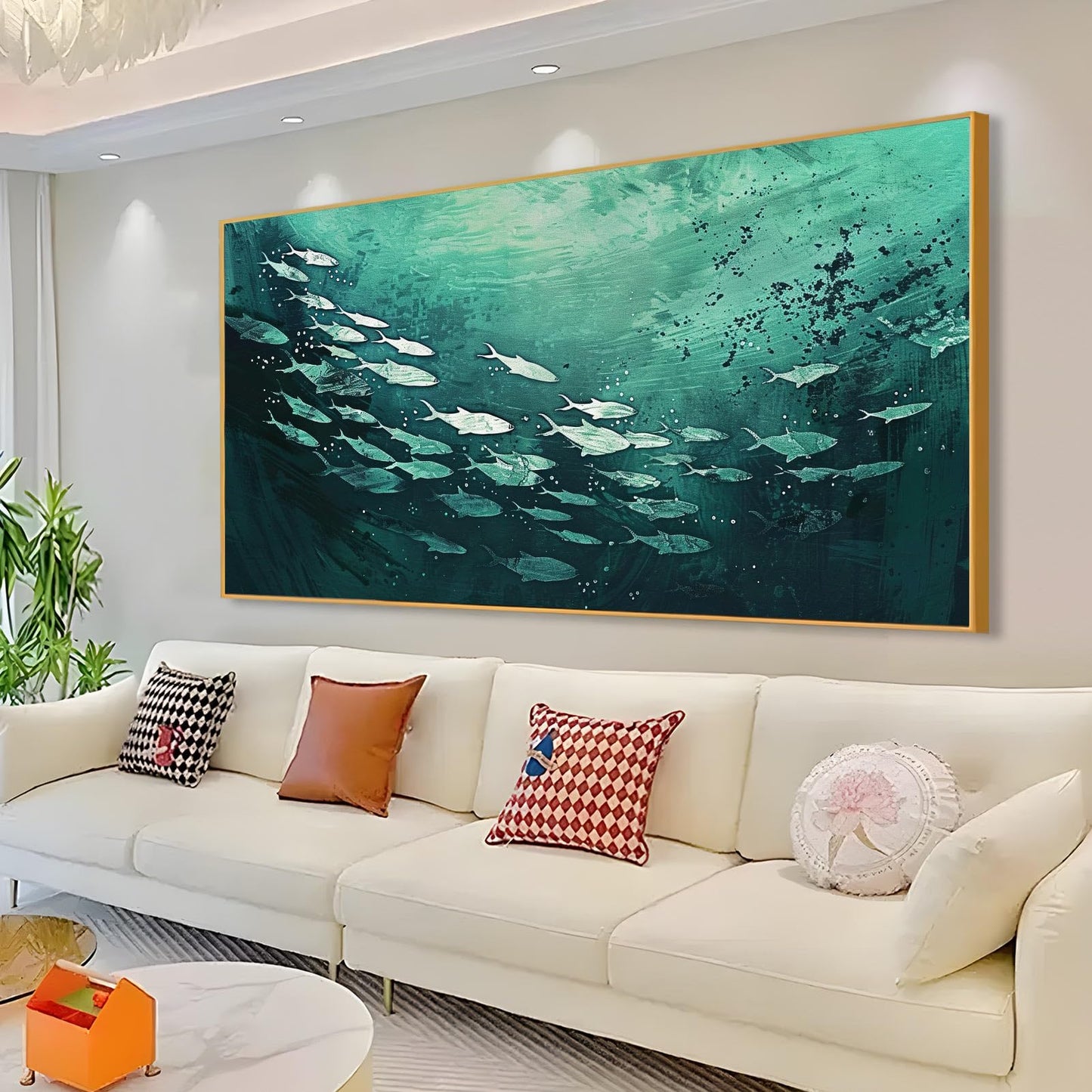 JiffPom Fish Abstract Canvas Wall Art, School of Fish Wall Decor, Emerald Green Canvas Wall Art, Ocean Canvas Wall Art, Silver Fish Wall Decor, Framed Wall Art for Living Room, Bedroom Wall Art (Black Metal Frame, 39"x19" | 100x50cm)
