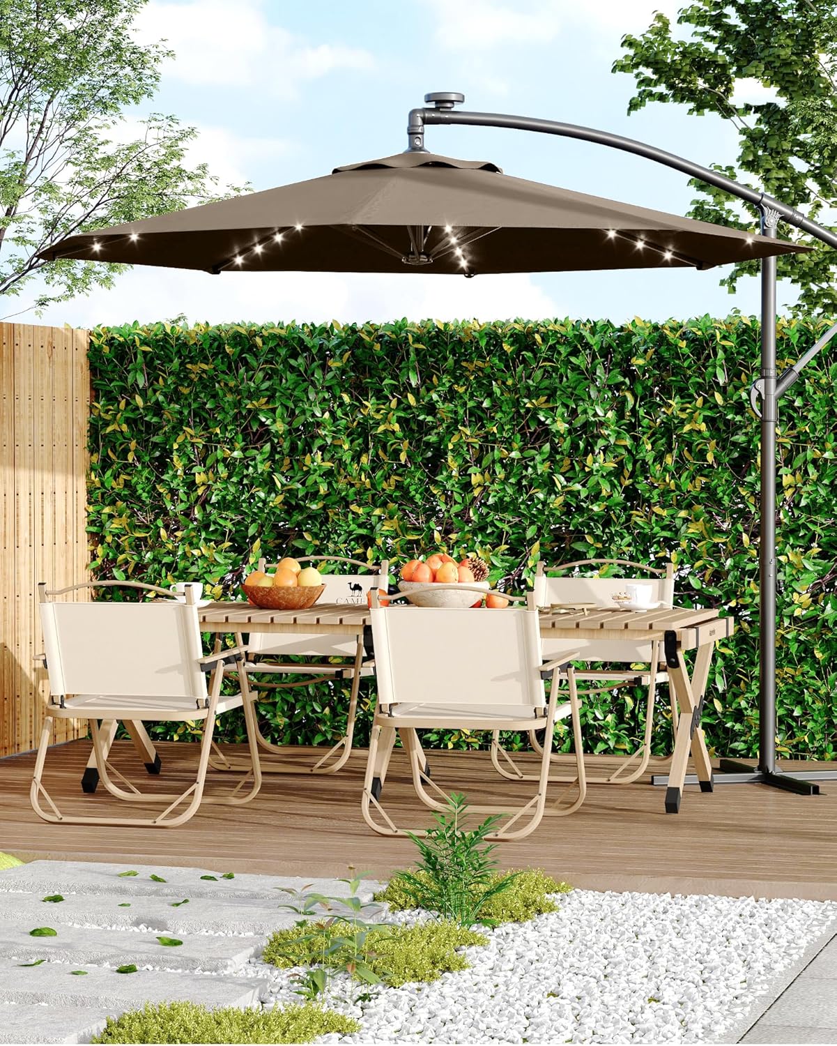 JiffPom 10FT Cantilever Patio Umbrella with Solar LED Lights - Offset Outdoor Umbrella - Easy Lift & Tilt - UV Protection - Fade Resistant - Ideal for Deck, Pool, Garden