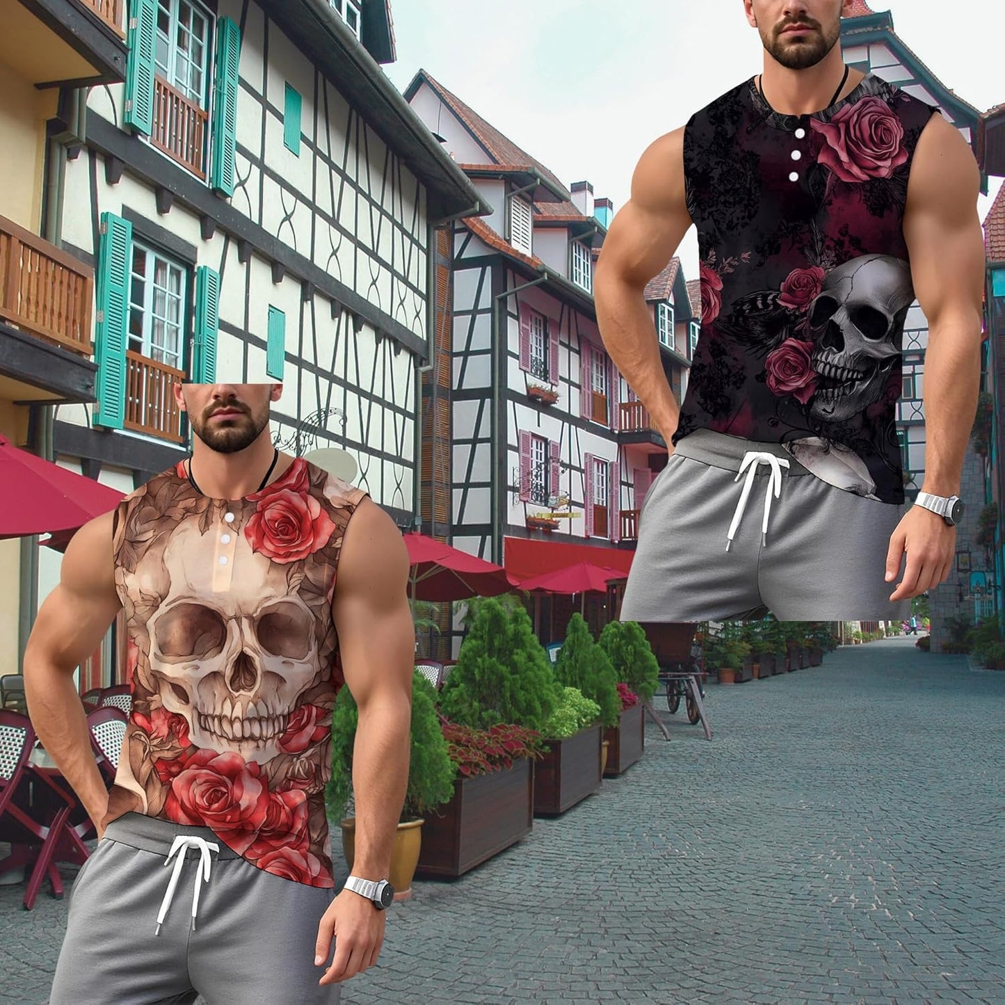 NAVARCH Mens Tank Tops for Workout Skull Print Casual Sleeveless Muscle Shirts Crewneck Loose Fit Basic Beach Top