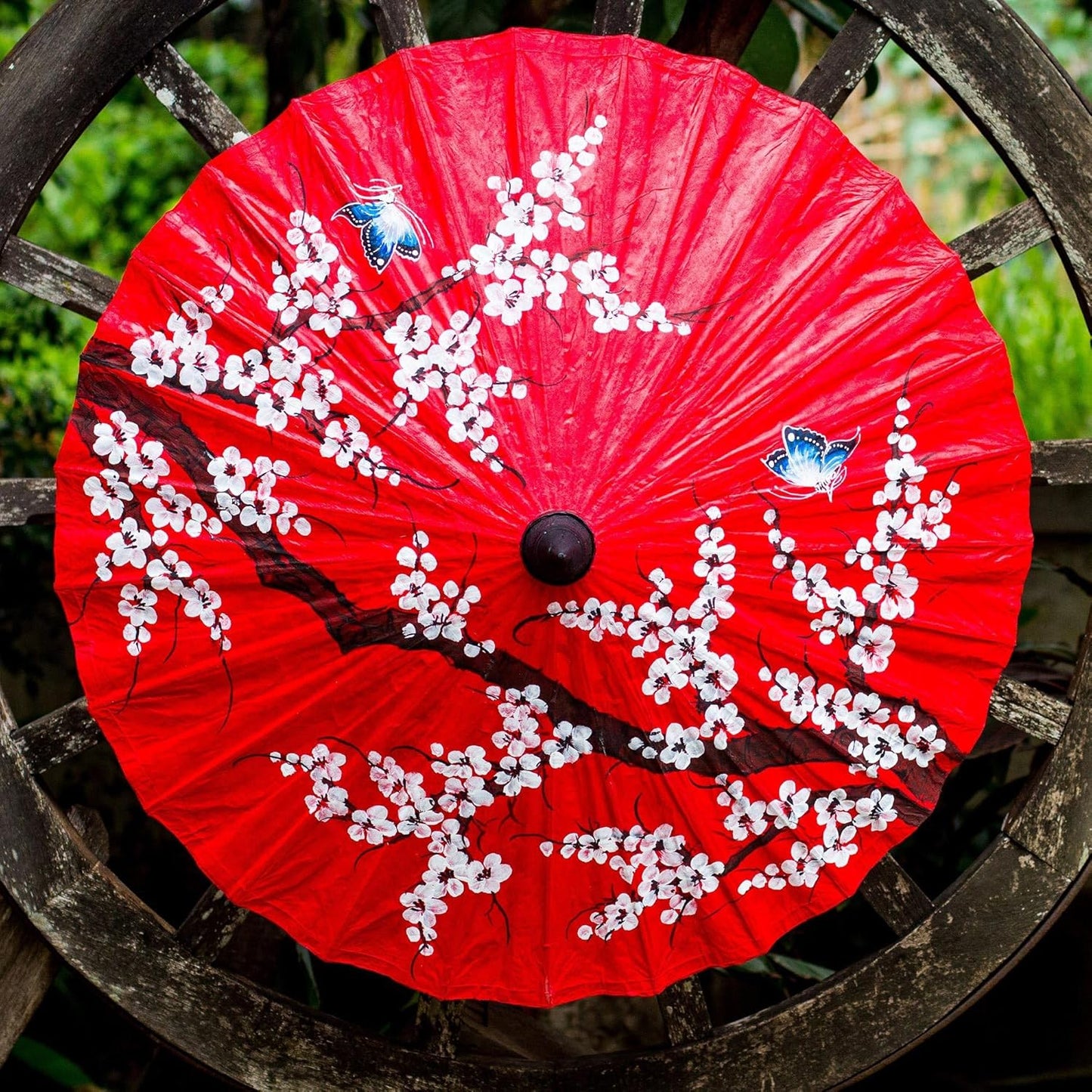 JiffPom Artisan Handmade Saa Paper Parasol Thai Cherry Blossom Bamboo Red White Bamboopaper Thailand Decor Accessories Home Accents Upcycled Aurora Fiesta Animal Themed Floral East Meets West Friendly