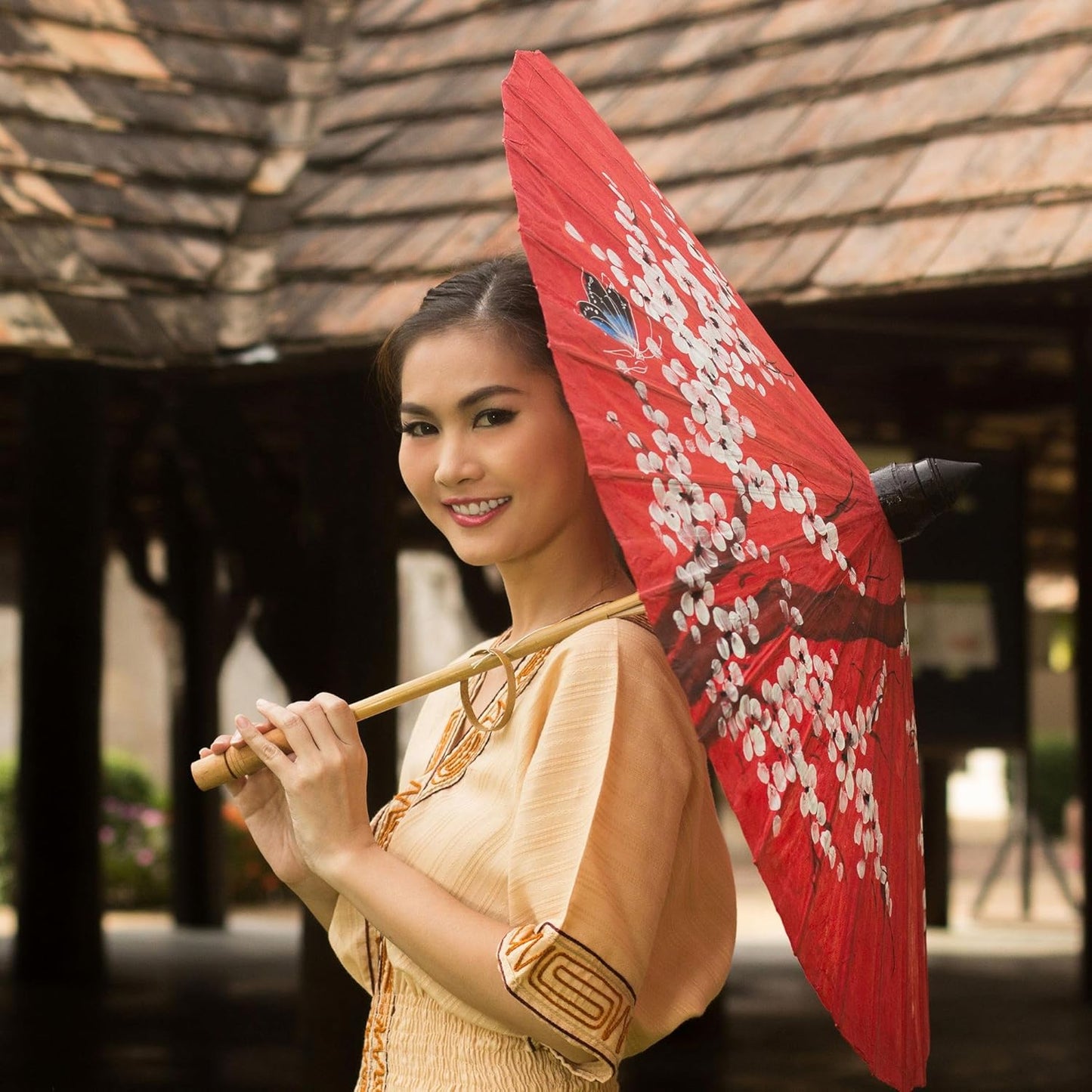 JiffPom Artisan Handmade Saa Paper Parasol Thai Cherry Blossom Bamboo Red White Bamboopaper Thailand Decor Accessories Home Accents Upcycled Aurora Fiesta Animal Themed Floral East Meets West Friendly
