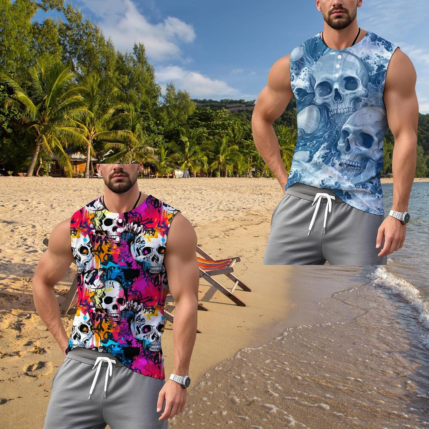 NAVARCH Mens Tank Tops for Workout Skull Print Casual Sleeveless Muscle Shirts Crewneck Loose Fit Basic Beach Top